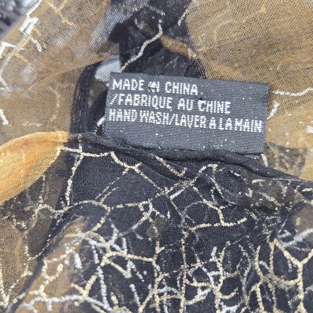 Sheer Silk Metallic Scarf 30x49 Black Gold Abstract Crackle Fringe Evening Wrap - Picture 10 of 11